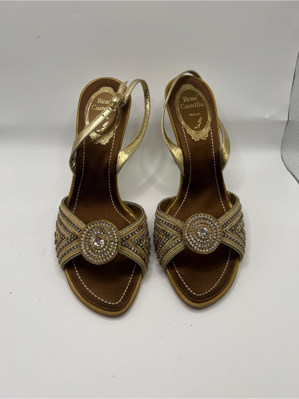 Rene Caovilla Gold Crystal Medallion Slingback Heels - Picture 8 of 15